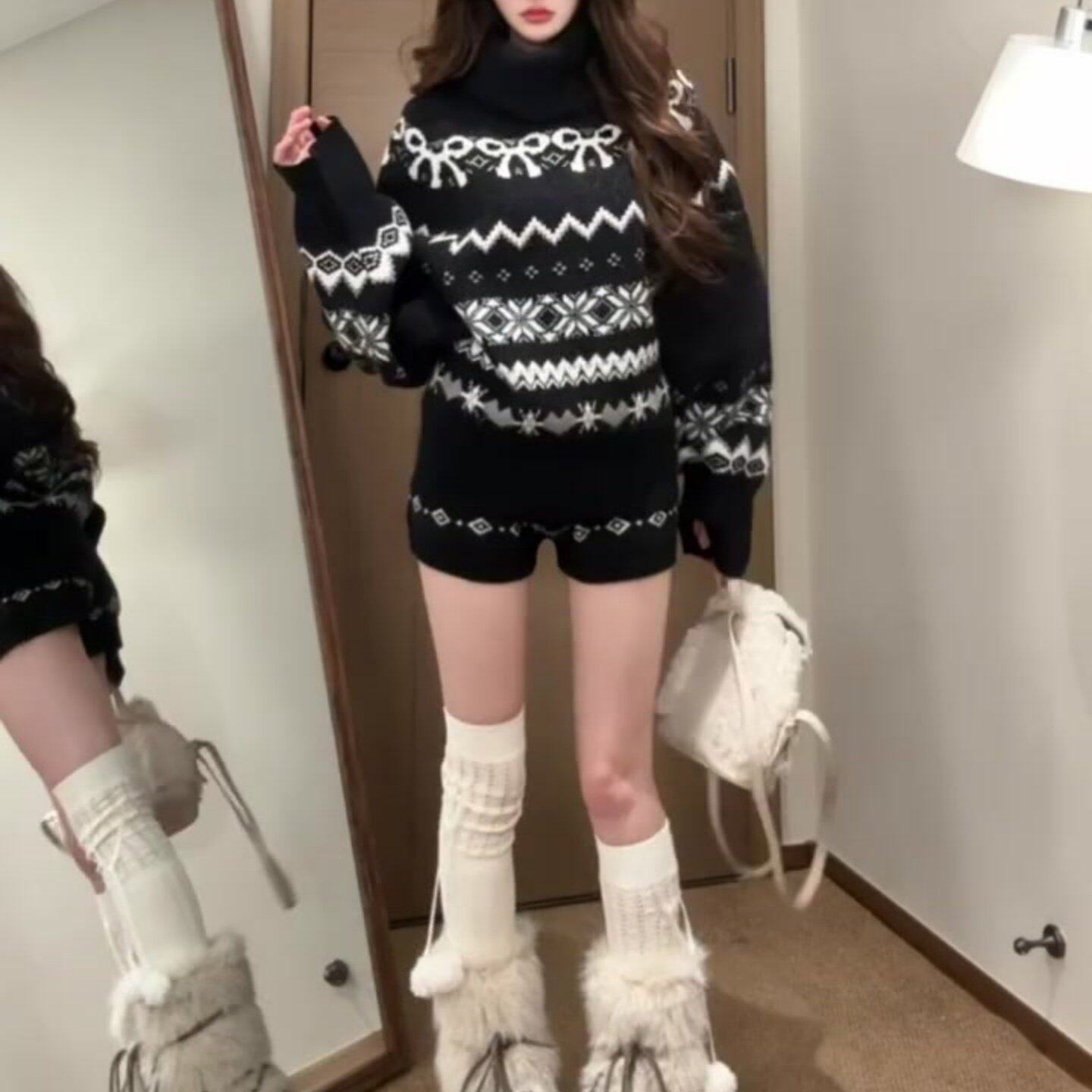费尔岛套装女秋冬季小个子黑色加厚高领针织毛衣休闲短裤子两件套