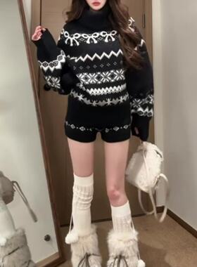 费尔岛套装女秋冬季小个子黑色加厚高领针织毛衣休闲短裤子两件套