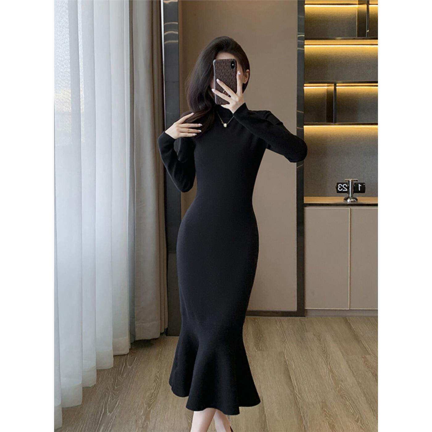 黑色打底针织连衣裙女秋