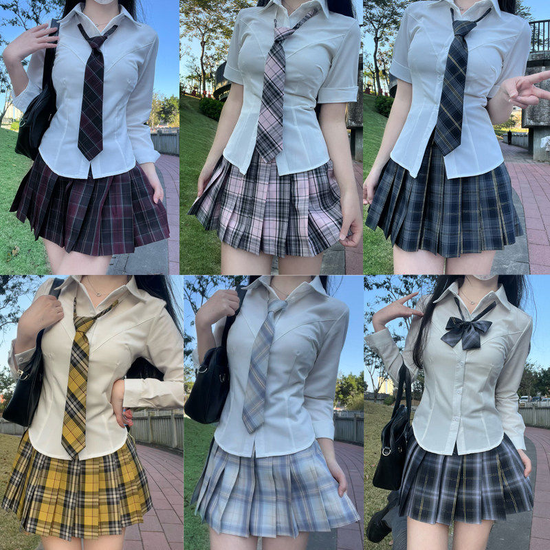 JK制服V领弹力衬衫原创格