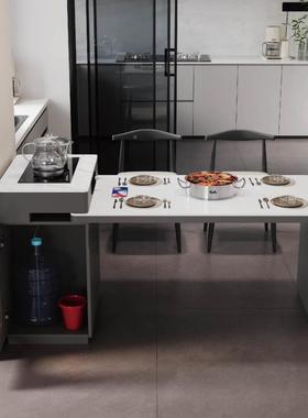 岛台餐桌一小家户型用法可伸缩岩板中岛台式奶油风PDI小导台加茶