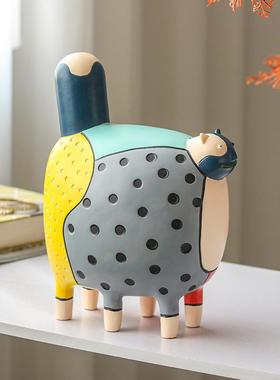现简约彩件色卡通抽象波点代猫摆样童板间儿FEK房书桌艺术装饰品