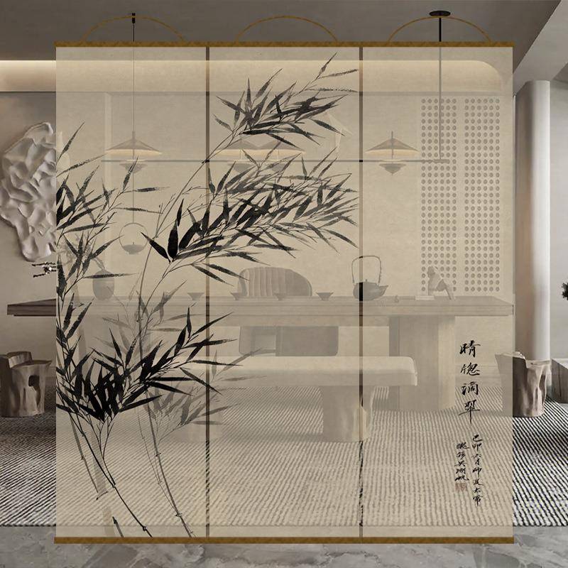 中式水墨画宋学透景屏风美纱卷水墨竹帘隔代断帘挂竹帘窗帘玄关透