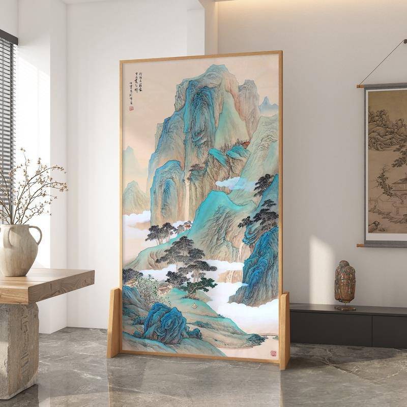 新中式山水屏风隔断客厅入户家用实木酒店办公室卧室遮挡移动座屏