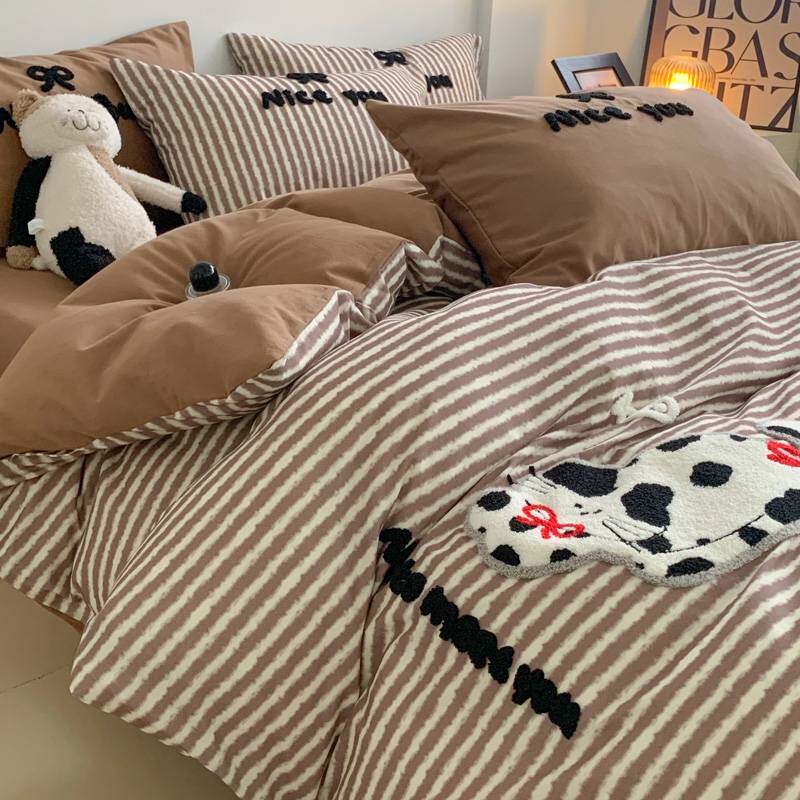 毛巾绣全棉磨毛四件套秋冬季100纯棉加厚被套学生三件套可爱猫咪4