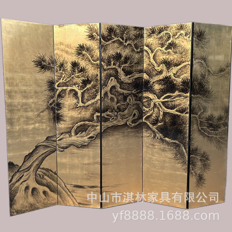 日式手绘金箔古松鹤中古屏风漆画客厅可折屏隔断移动古典茶室背景