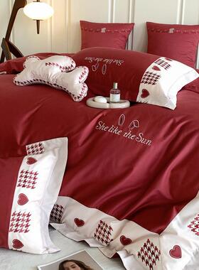 5ZV7公主风婚庆纯棉四件套100支长绒棉红色结婚刺绣床上被套1