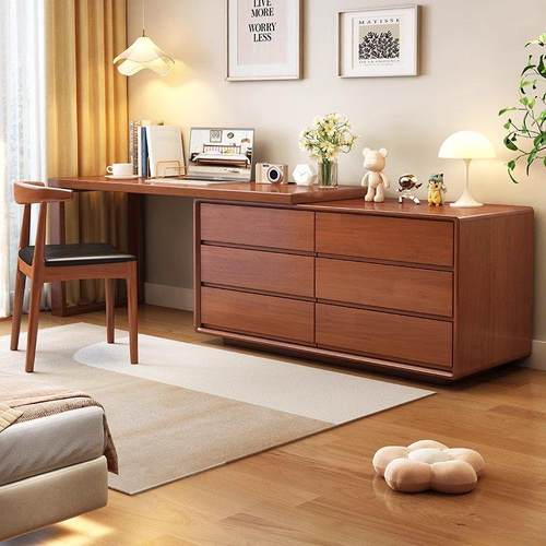 实木可伸缩书桌斗柜一体家用办公电脑桌现代风卧室转角梳妆台简约