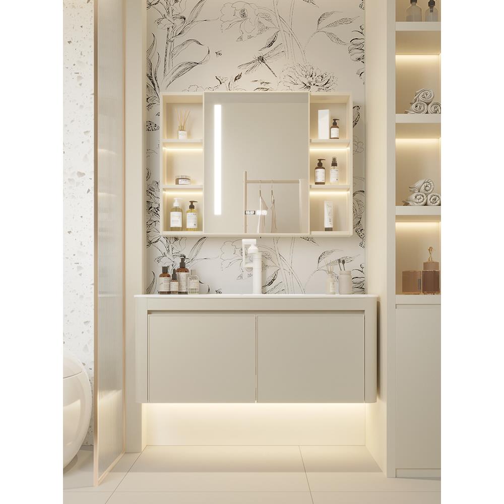 奶油风浴室柜组合太空铝卫生间洗漱台圆角洗手脸池岩板陶瓷一体盆