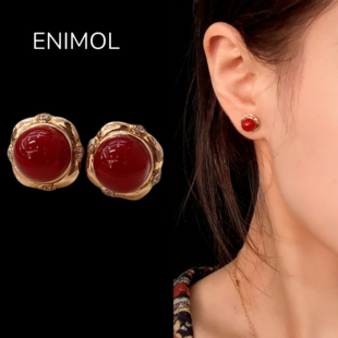 ENIMOL日本aka阿卡珊瑚圆珠耳钉设计师港风女轻奢高级感18k金镶钻