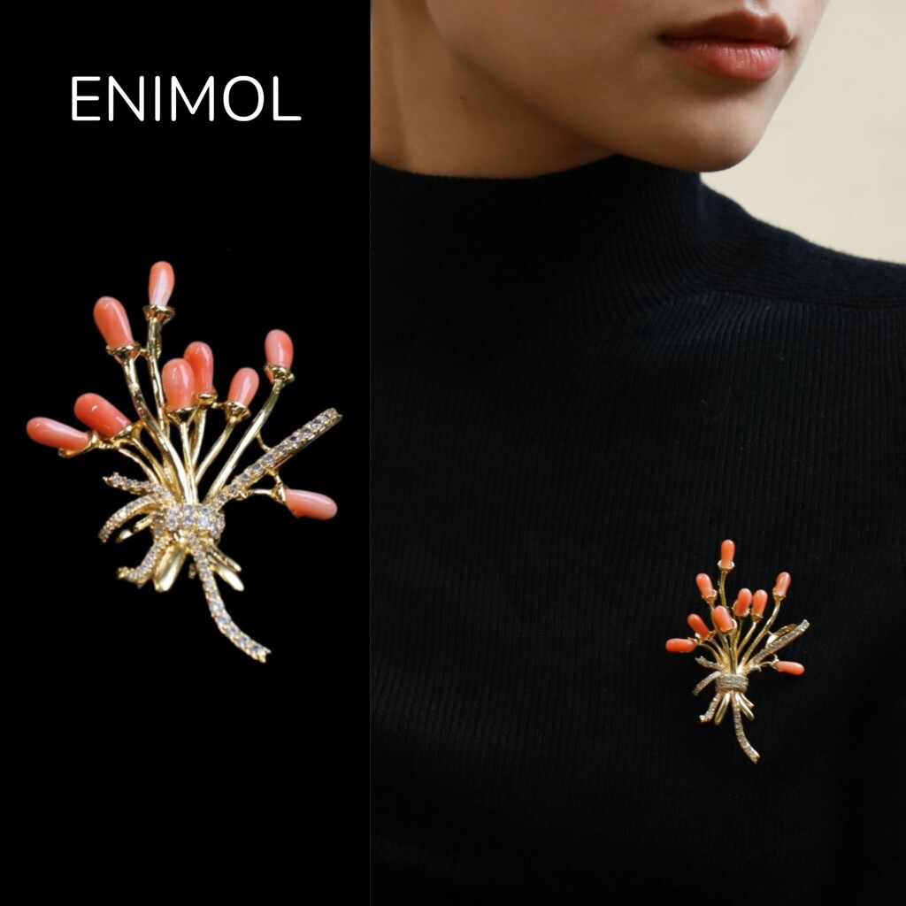 ENIMOL新款台湾momo粉珊瑚水滴花束胸针粉嫩显白时尚百搭合金镶嵌