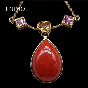 ENIMOL日本aka阿卡红珊瑚水滴吊坠18k金镶嵌蓝宝石一体项链女礼物