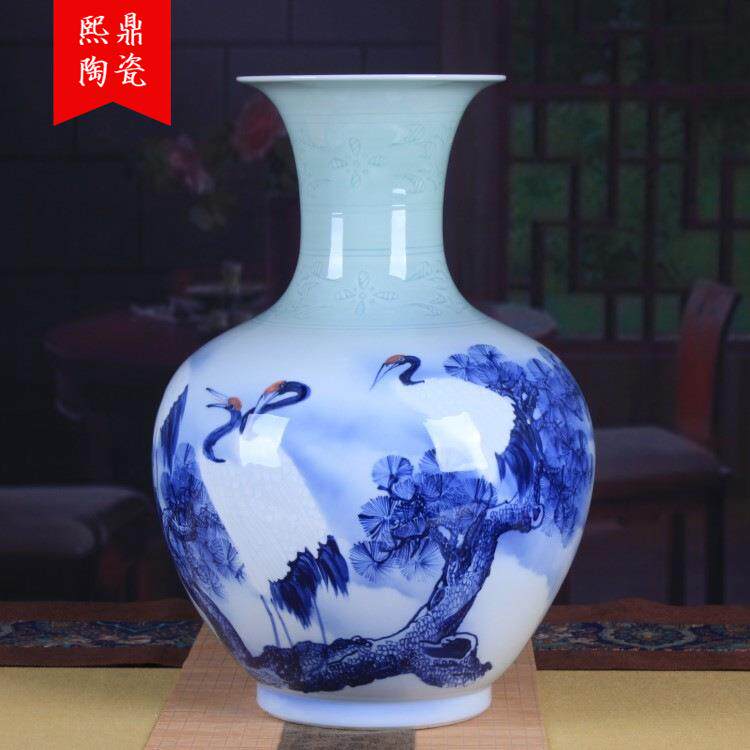 陶瓷装饰花瓶摆件手绘松鹤延年大号赏瓶落地大花瓶家居饰品花插