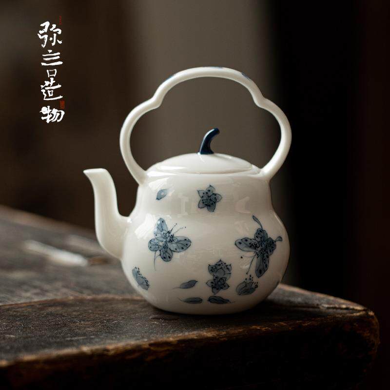 弥言釉下彩白瓷手绘青花蝴蝶茶壶创意陶瓷葫芦泡茶壶单壶带过滤孔