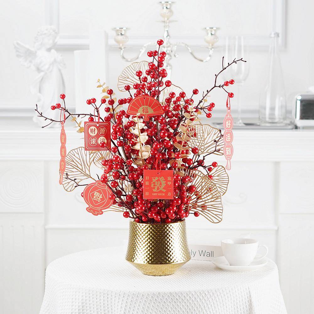 喜庆发财果套装冬青红果子浆果福桶摆件春节婚庆仿真花客厅桌饰品