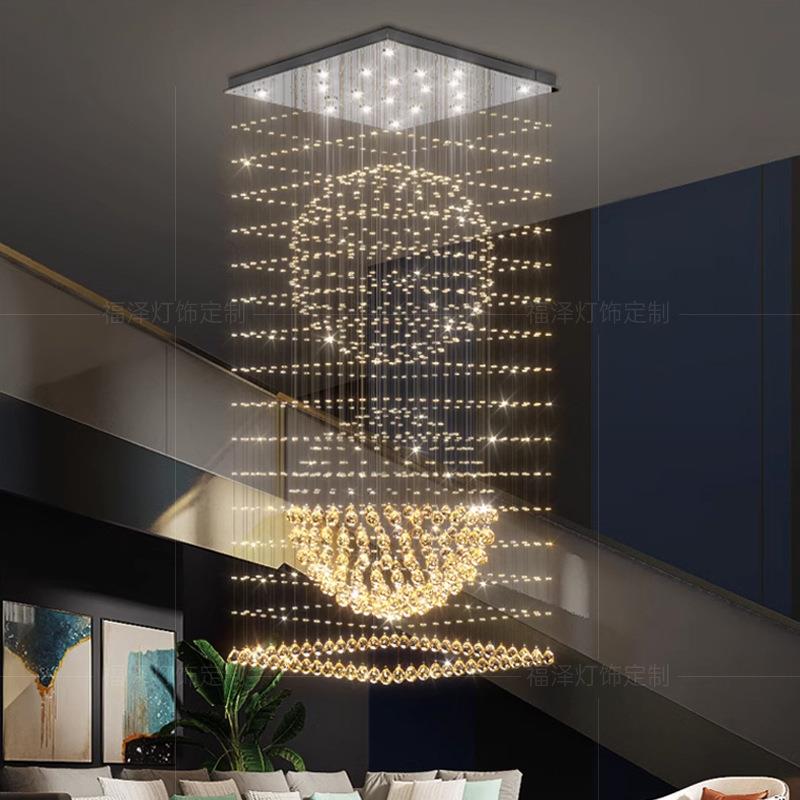 复式楼水晶大吊灯简约现代别墅客厅中空楼梯吊灯大厅楼中楼长吊灯
