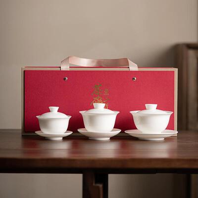 羊脂玉三才盖碗茶杯套装大号功夫泡茶碗盏单个带盖高档白瓷公道杯