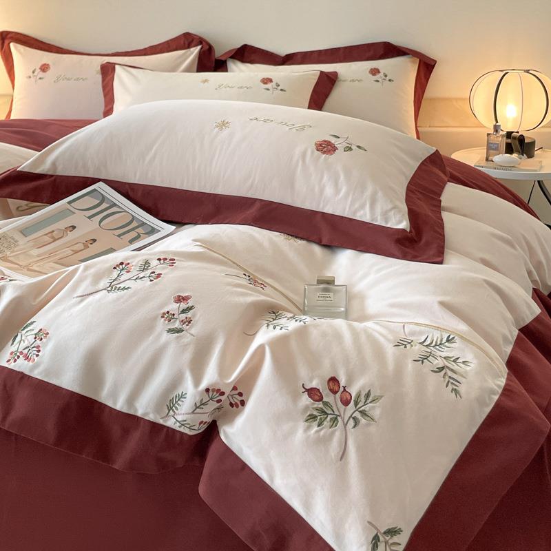 秋冬母婴级A类加厚纯棉磨毛四件套刺绣花卉被套轻奢全棉床上用品