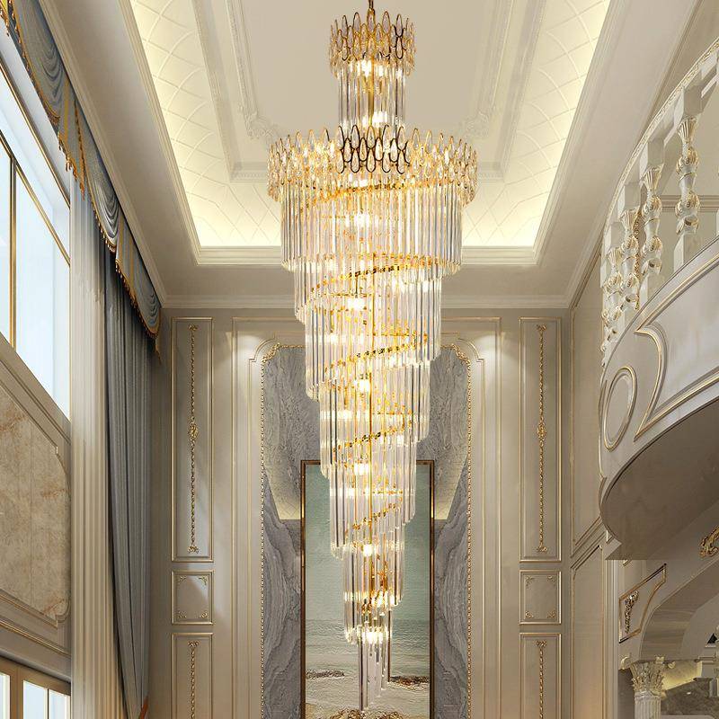 客厅楼中楼金色水晶长吊灯复式楼别墅楼梯水晶长吊灯酒店工程吊灯