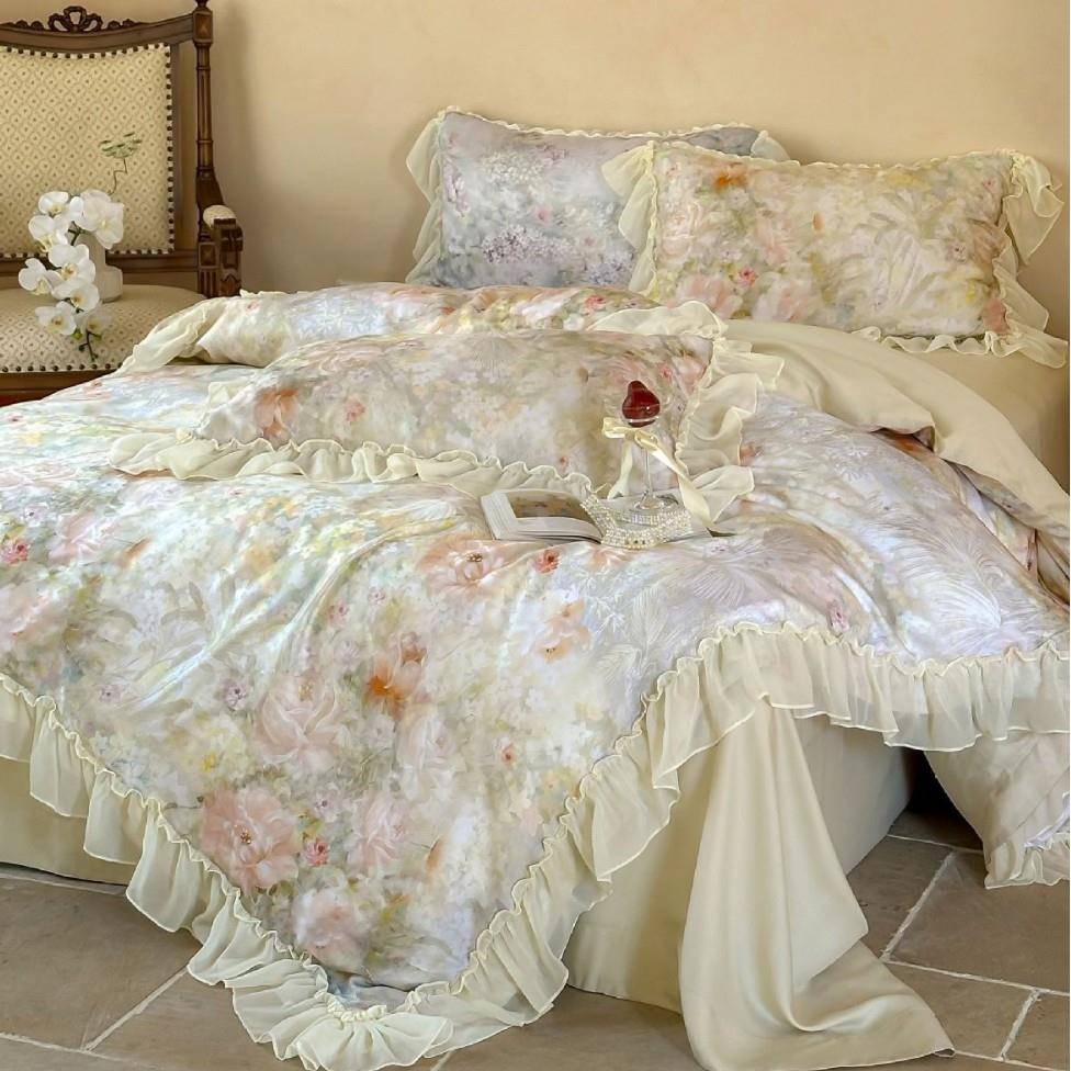 夏季法式轻奢天丝四件套少女心蕾丝花边被套床单凉感裸睡床上用品