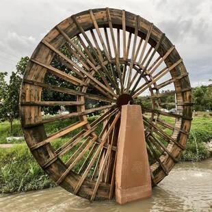 大型钢木结构电力旋转筒车 庄园庭院美陈景观装饰 中式古典水车