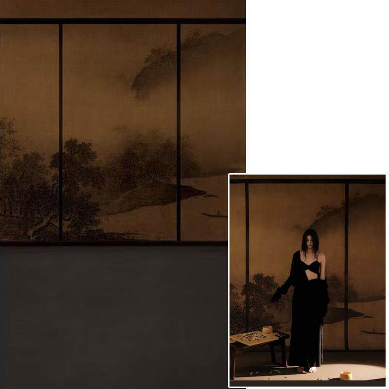 照相馆摄影复古山水画拍照背景布中式风格优雅风少女写真摄影背景