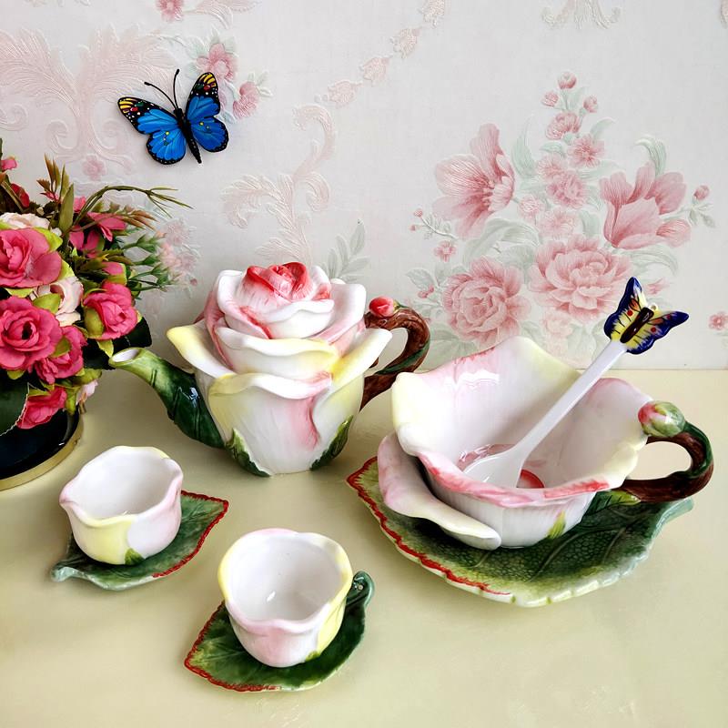 Function Art纯手绘釉下彩陶瓷玫瑰花茶具咖啡壶礼盒 欧式田园风