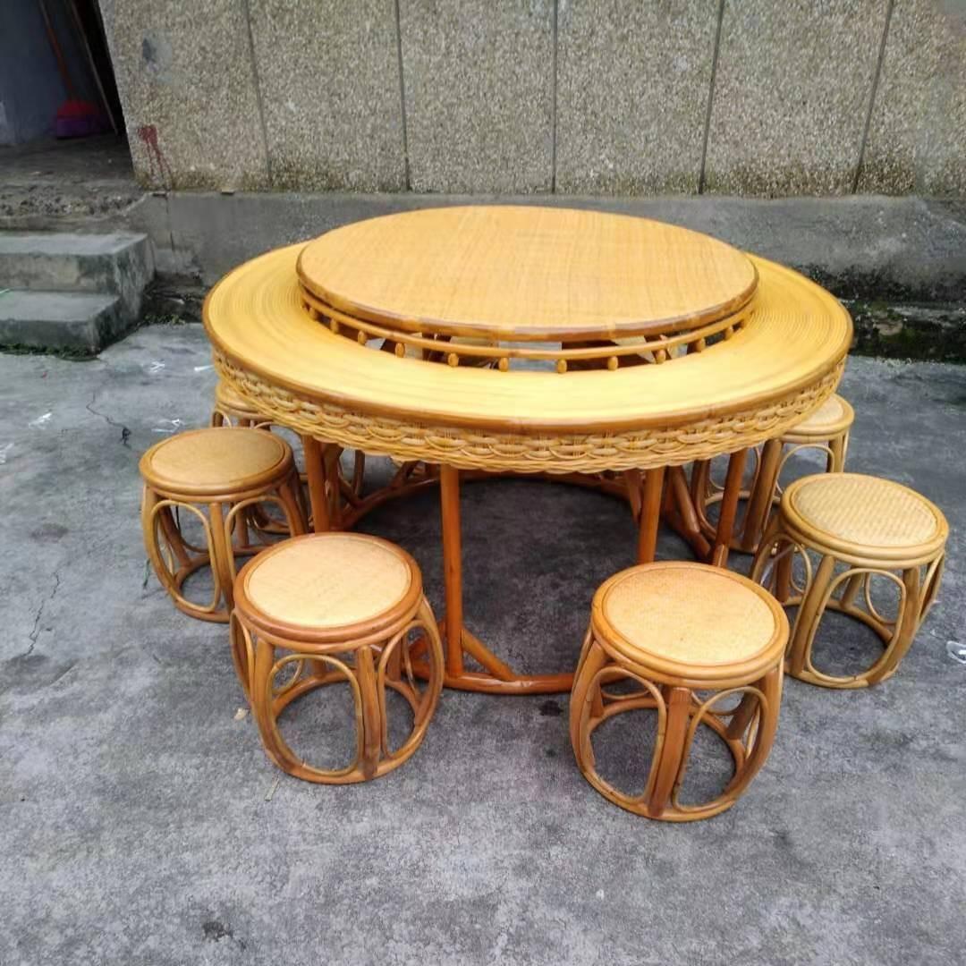 可定制纯手工藤编转桌豪华餐桌套装农家乐餐馆大圆桌家用聚餐桌子