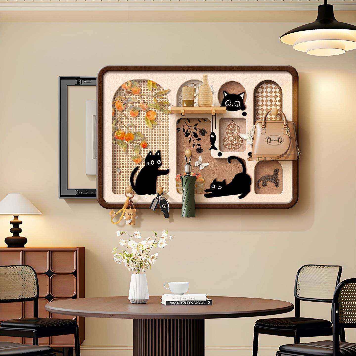 中古风电表箱装饰画复古猫免打孔洞洞板配电箱遮挡电闸开关盒壁画