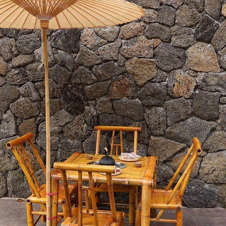 桌子FX碳化火锅桌竹凳子庭院餐桌复古竹椅子茶桌户外纯手工野炊
