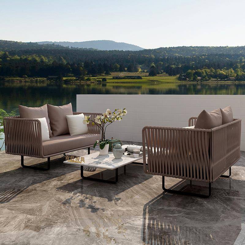 户外沙发藤编庭院组合休闲双人藤椅茶几民宿售楼部设计师露台家具