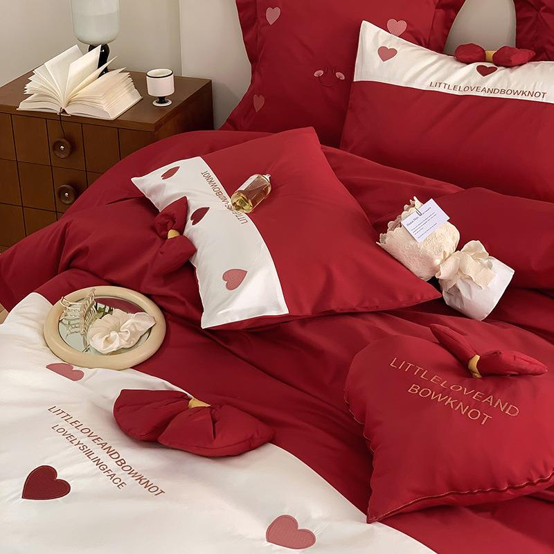 少女心红色婚庆100S高支长绒棉四件套爱心蝴蝶结被套结婚床上用品