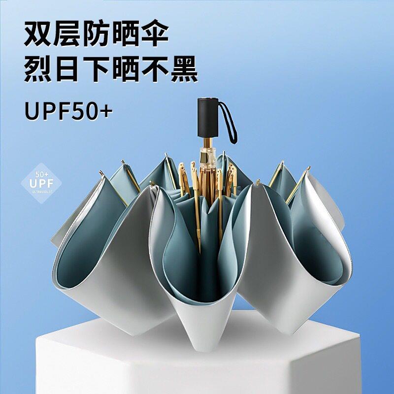 双层太阳伞 UPF50+钛银防晒遮阳伞 零透光黑胶三折太阳伞防紫外线