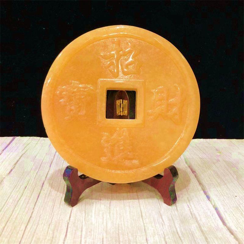 天然正品米黄玉玉璧平安扣摆件招财进宝客厅玄关玉石工艺礼品摆设