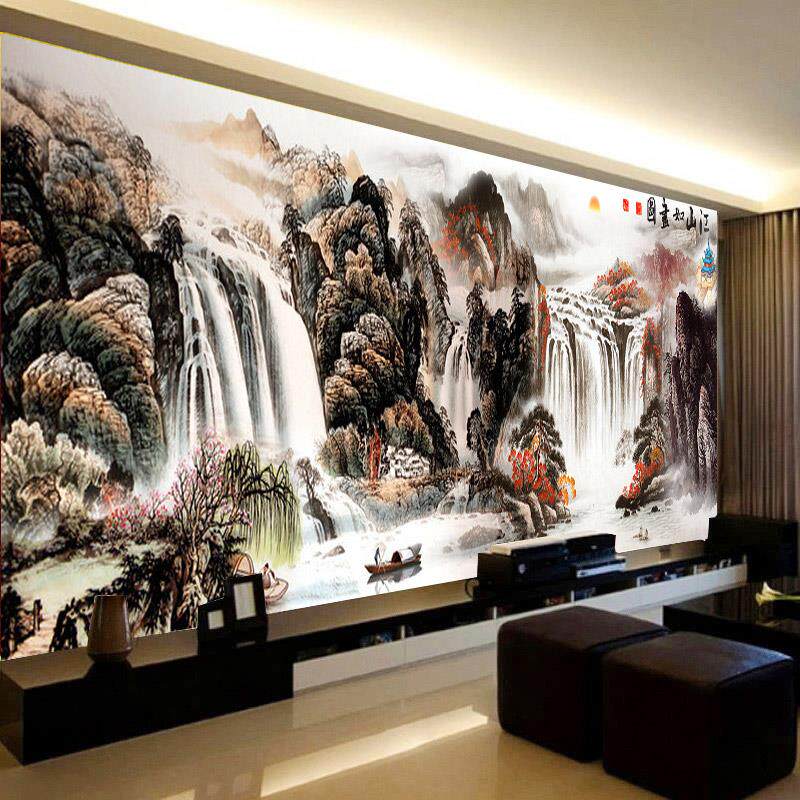 纯手工十字绣成品江山如画图流水生财聚宝盆风景山水画带框绣好的