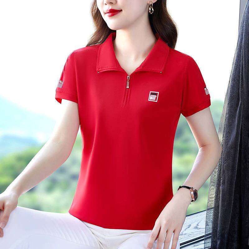 女短袖t恤2022新款洋气短款大码宽松白色夏季休闲运动针织 polo衫