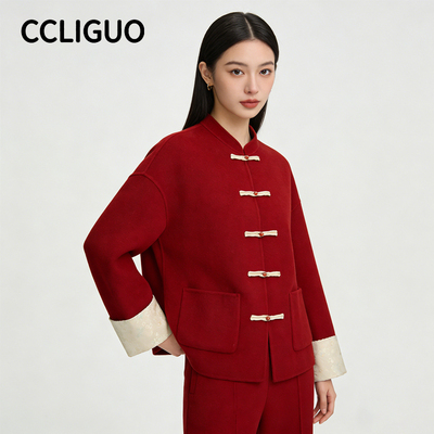 CCLIGUO红色本命年上衣新中式盘扣毛呢外套国风立领双面呢大衣