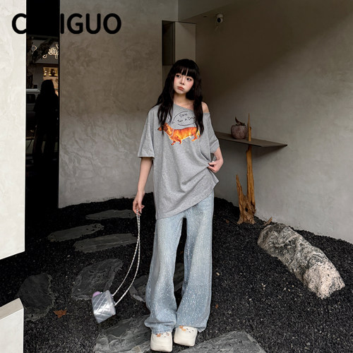 CCLIGUO重工烫钻牛仔阔腿裤