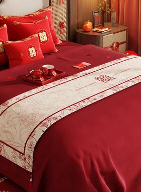 红色喜庆F97T9J98床床旗结婚婚房床搭巾新床婚上用品尾巾尾电视柜