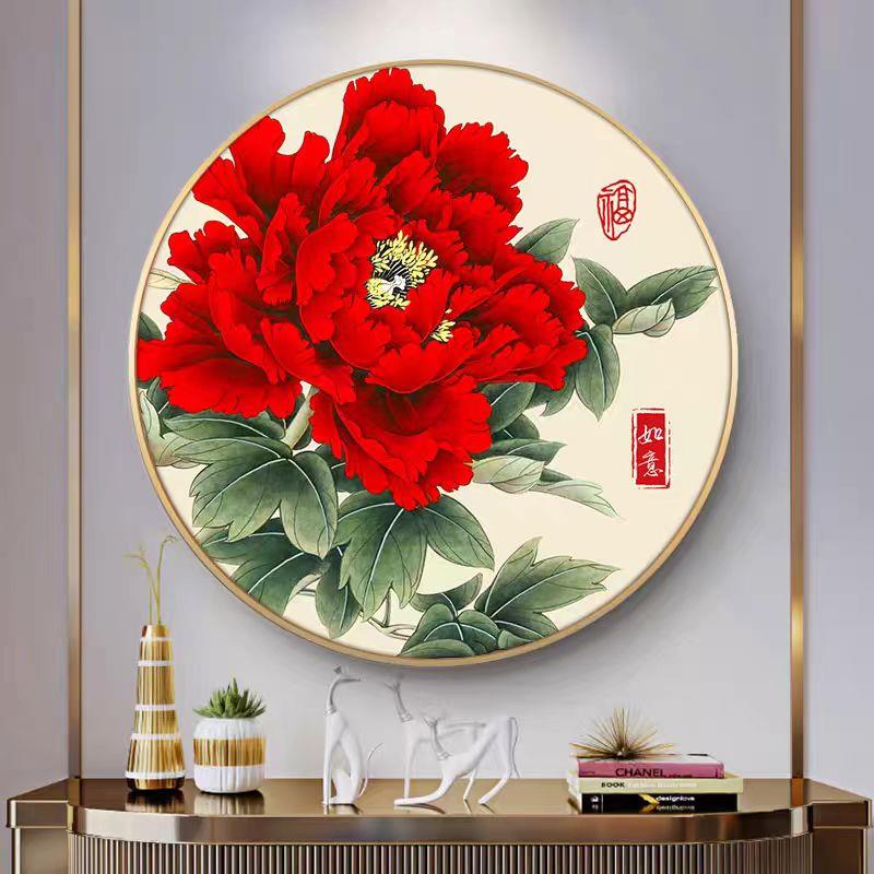 ll纯手工十字绣成品国色天香花开富贵牡丹客厅玄关圆形挂画带框出
