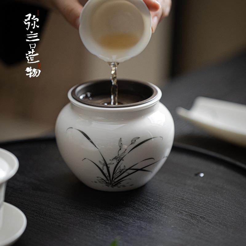 弥言手绘兰花陶瓷茶洗大号水洗杯洗带盖家用茶渣缸水盂茶道配件