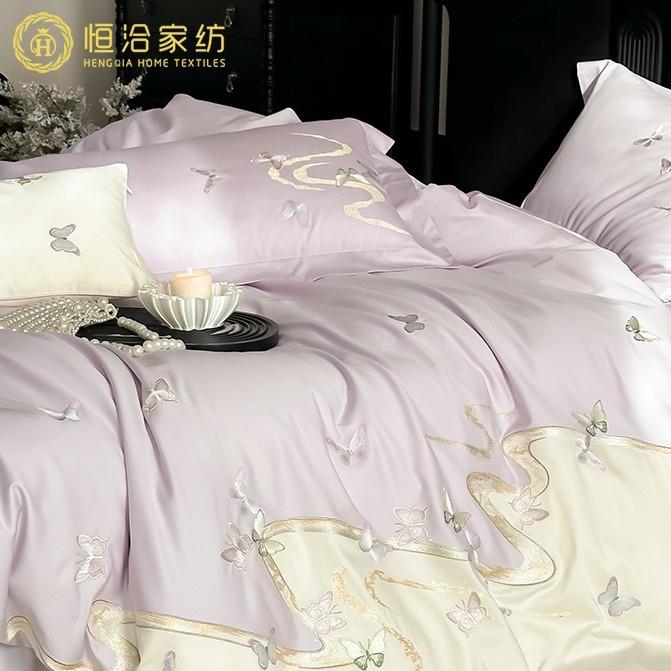 新款唯美少女心长绒棉四件套全棉蝴蝶刺绣纯棉被套床上用品紫色