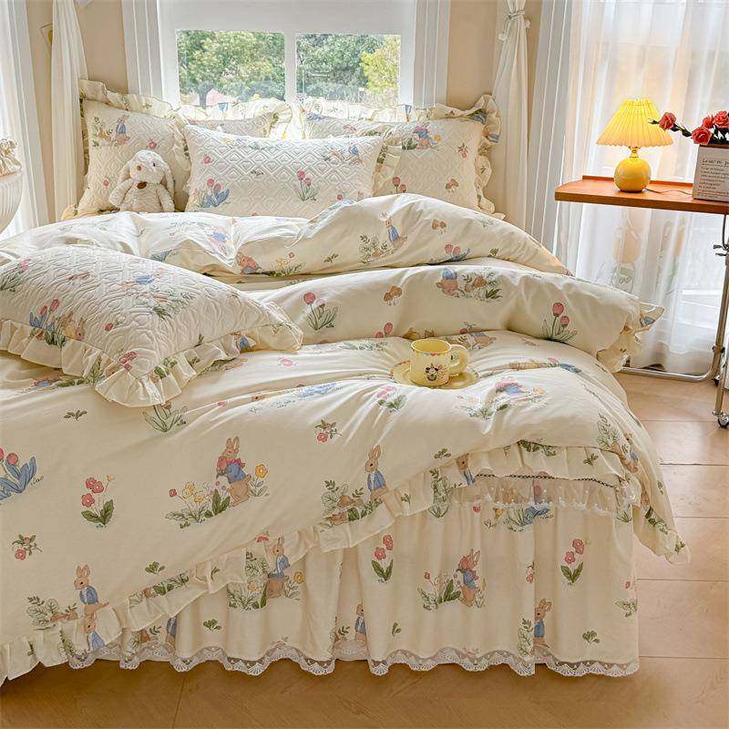 全棉13372夹棉床裙款三件套碎花清新复古花边荷叶边田园被套法式