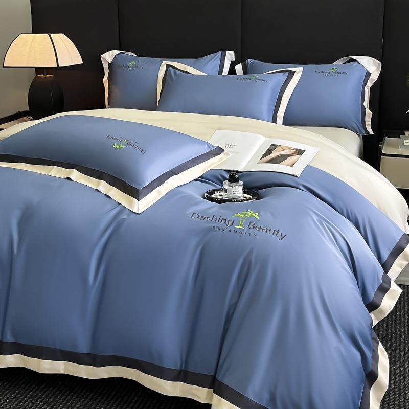 新款轻奢刺绣夏竹四件套水洗冰丝纯色加厚被套床单件套厂家