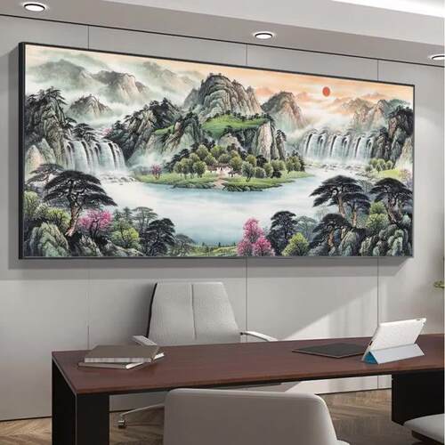 山水风景油画布喷绘铝合金挂画字画壁画办公室国画沙发客厅装饰画