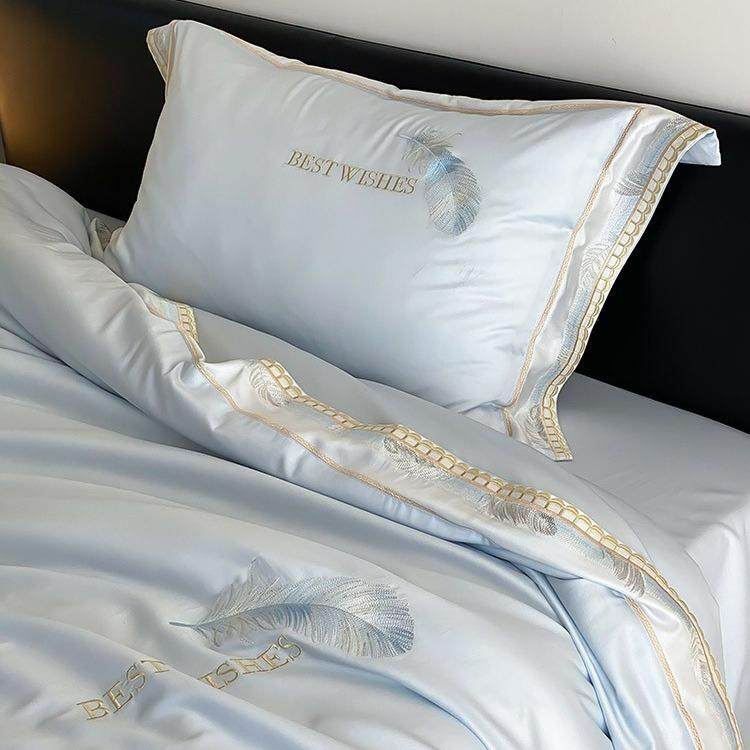 春夏双面莱赛尔纤维四件套简约羽毛刺绣丝滑凉感裸睡被套床单床品