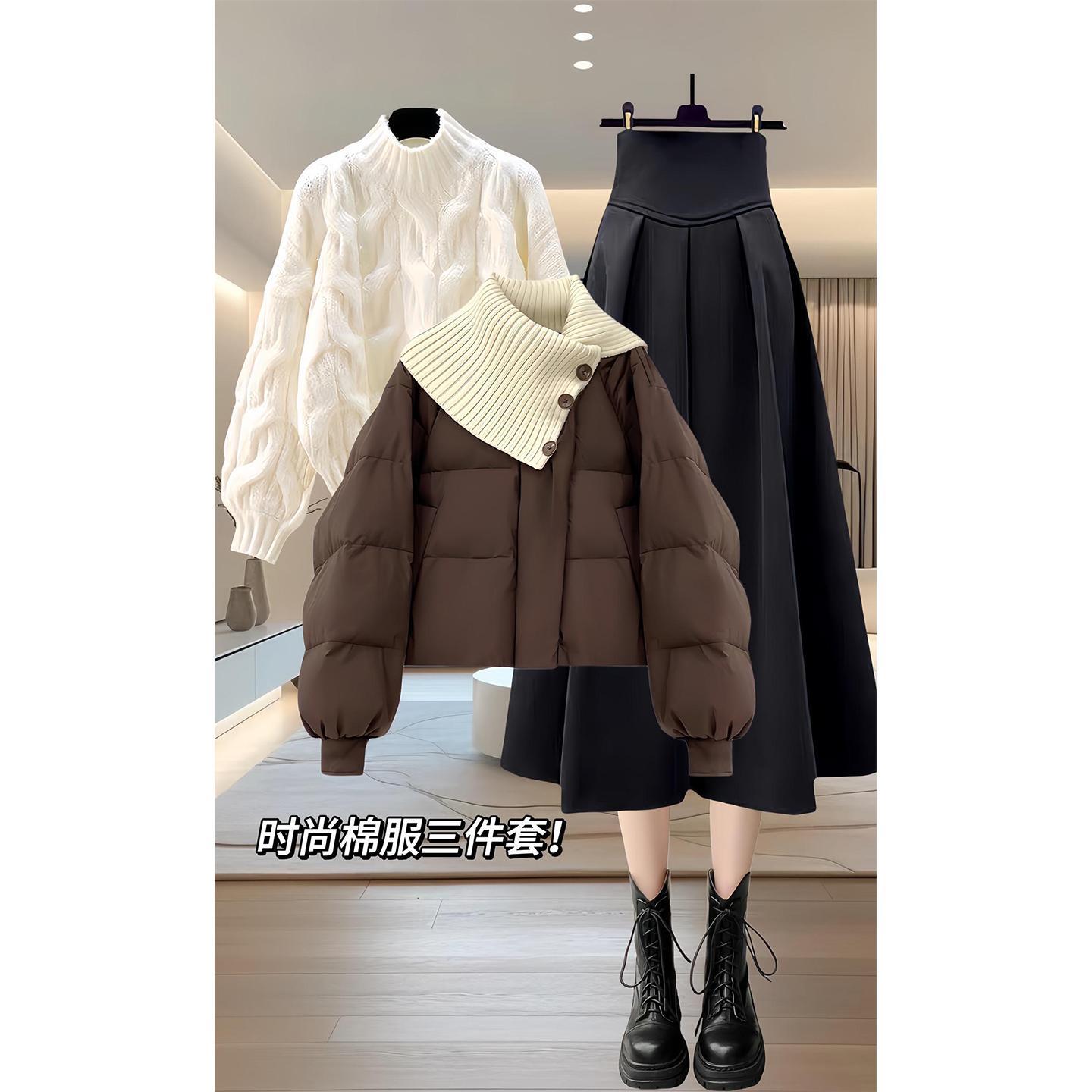 冬装搭配一整套大码胖mm棉服外套毛衣半身裙美拉德穿搭三件套装女