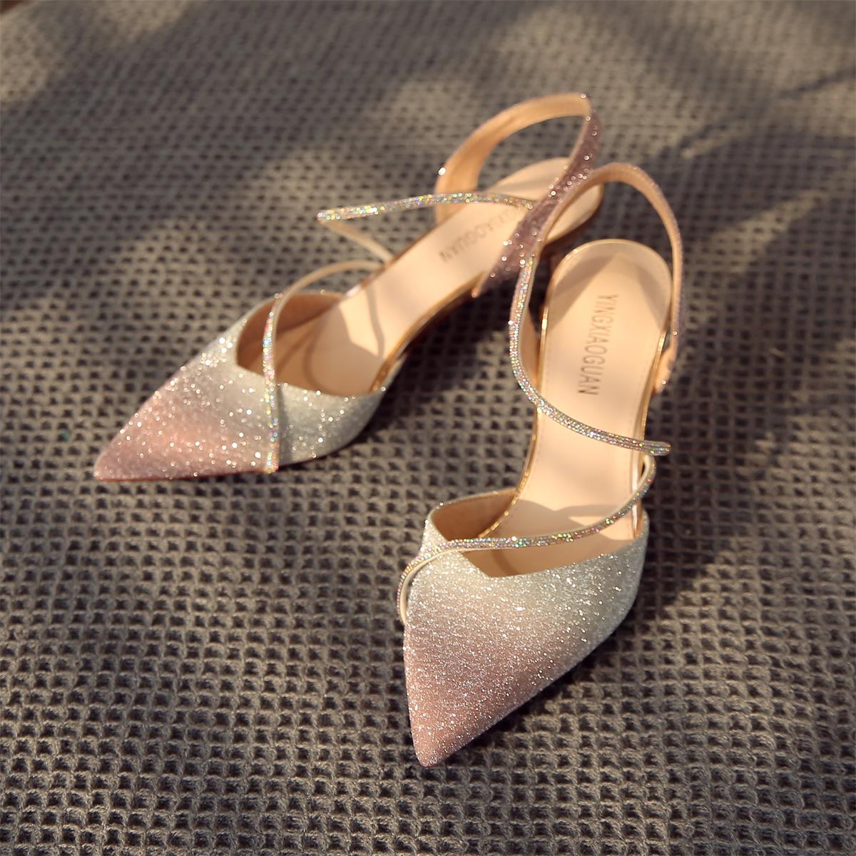 包头凉鞋女2025年夏季新款渐变水晶鞋一字带绑带高跟鞋婚鞋宴会鞋