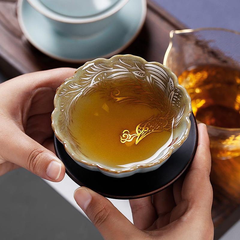 大师汝窑纯手工银凤杯主人杯单杯金丝开片可养茶杯大号个性品茶杯