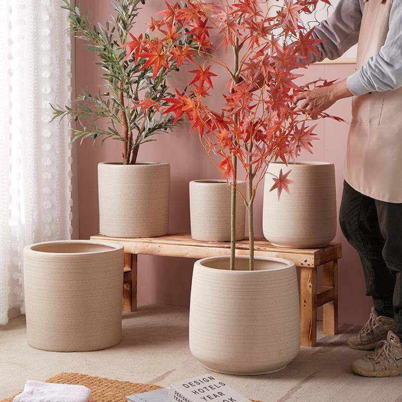 高档简约手工陶瓷花盆粗陶透气大口径室内庭院阳台创意绿植摆件